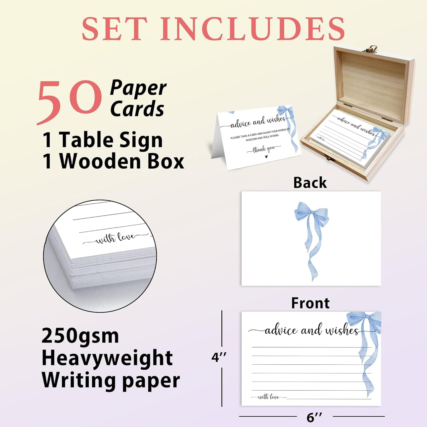 Advice and Wishes Cards Box, 50 Pcs Birthday Wedding Baby Shower Advice Cards, Well Wishes Box for Birthday Party Graduation Bridal Shower Retirement Party, Anniversary(Blue Bow) -A01