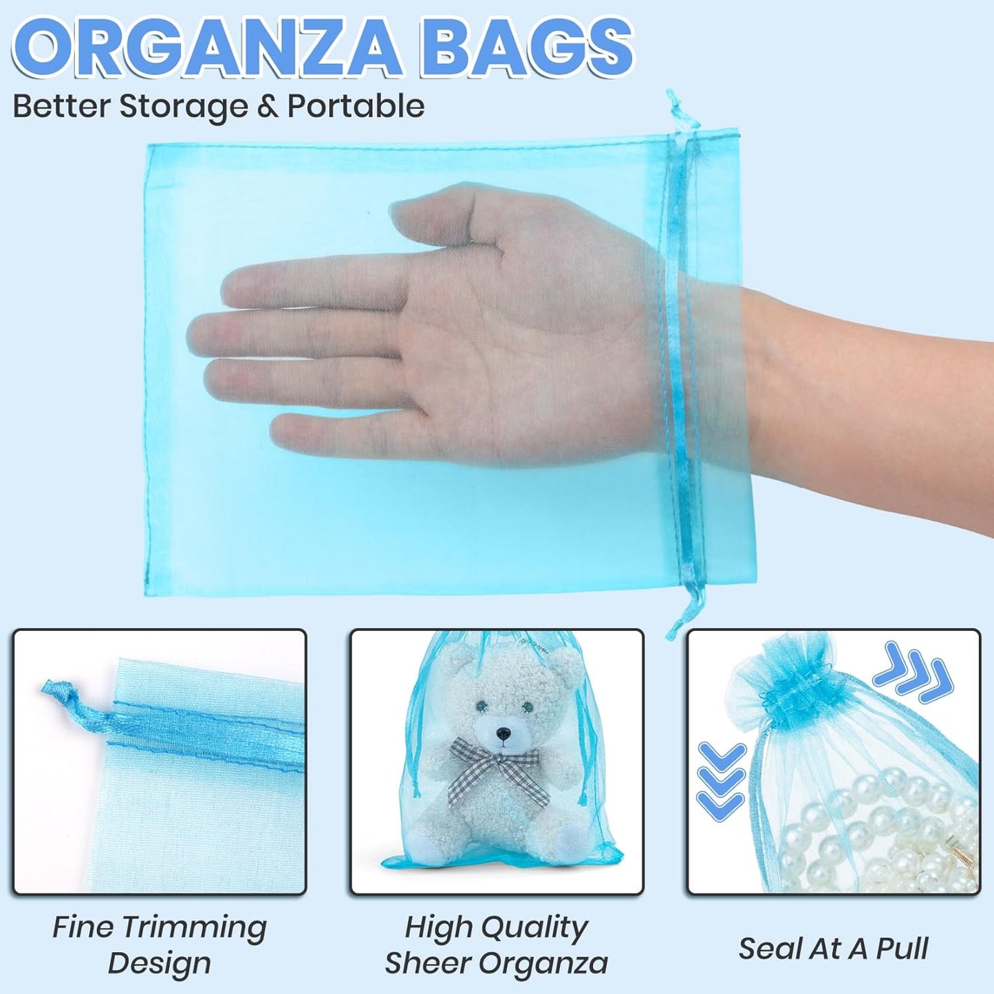 ANZNKU 100 Pack Organza Bags 6x9 Inch, Mesh Bag Drawstring Jewelry Pouches, Large Organza Gift Bags for Party Favor, Baby Shower(Lake Blue)
