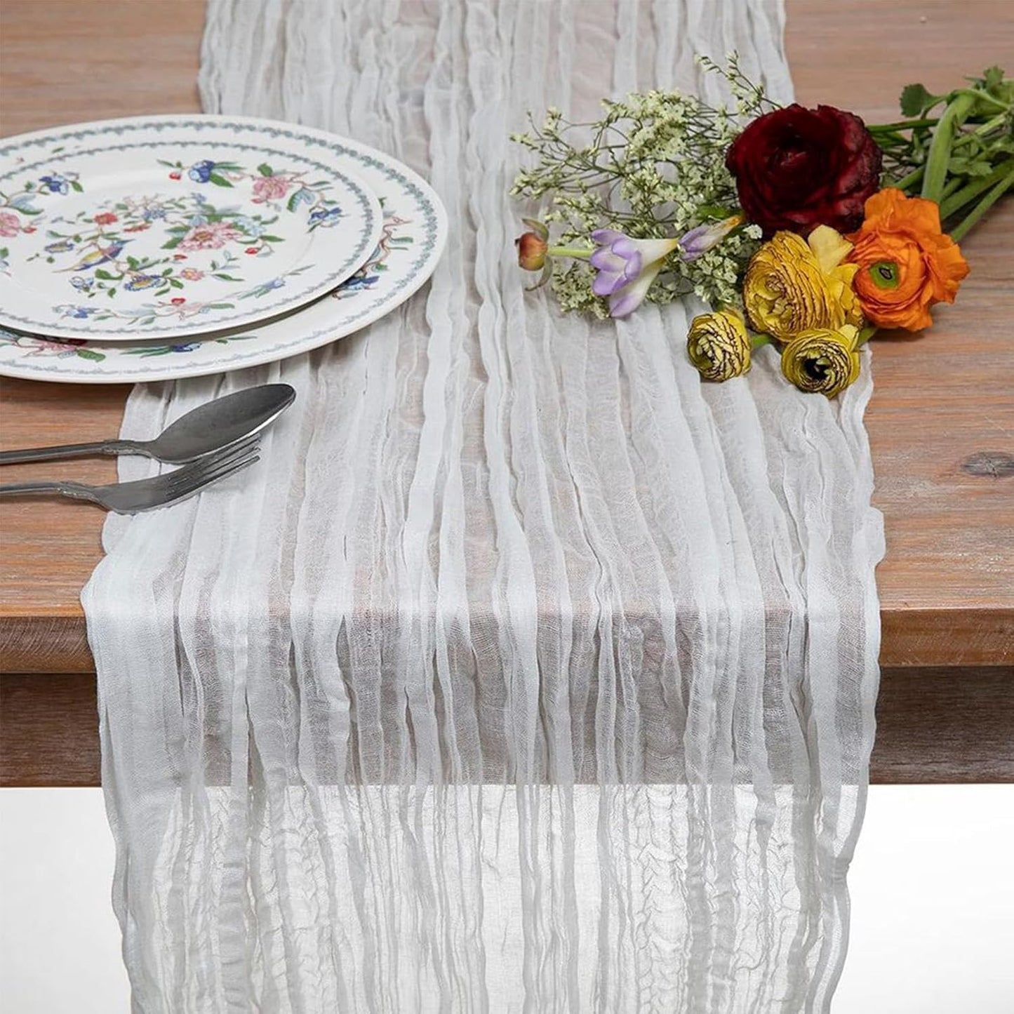 6 Pack White Cheesecloth Table Runner 21x120 Inch Boho Wrinkled Sheer Romantic Gauze Decor for Wedding, Bridal Shower, Birthday Party