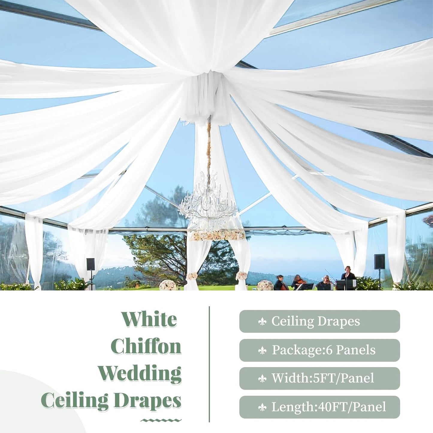 6 Panels White Wedding Ceiling Drapes 5ftx40ft Ceiling Drapes Chiffon Fabric Arch Draping Sheer Curtains Soft Drapery Draping Wedding Ceiling Decorations for Party Ceremony Stage Swag