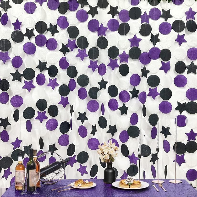 173 Ft Purple Black and White Party Decorations Big Star Circle Dot Backdrop Streamer Garland for Graduation Birthday Bachelorette Engagement Wedding Bridal Shower Baby Shower Halloween Party Supplies