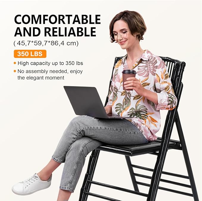 VINGLI Bamboo Folding Chair, Foldable Dining Wood Chairs Comfortable Seat - Image 4