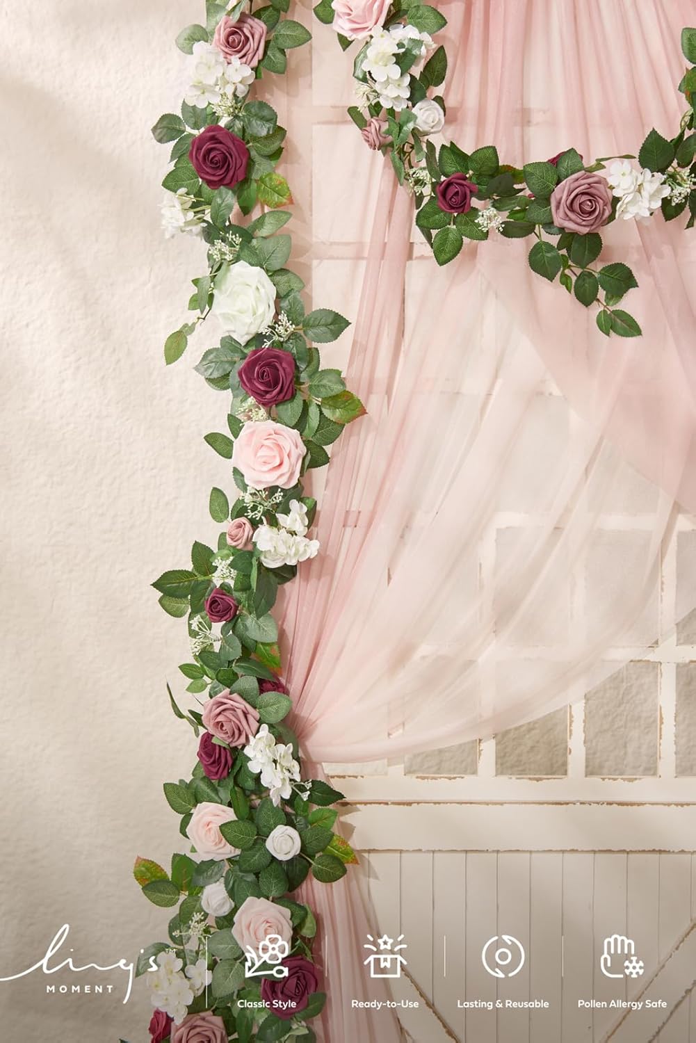 Ling's moment 5FT Dusty Rose Artificial Flower Garland Blush Rose Leaves Floral Garland Arch Flowers Vine for Wedding Party Backdrop Decor Mantel Home Table Centerpieces Wall Decorations Cream