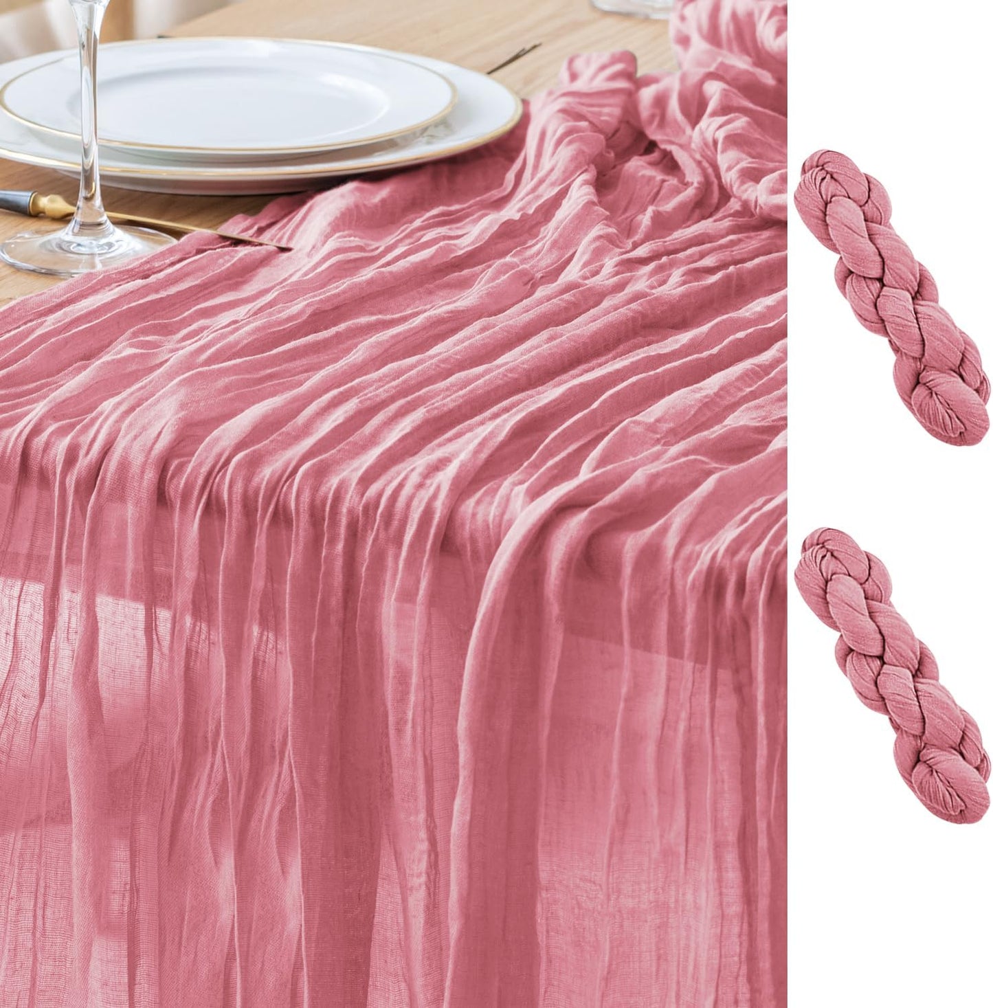 Asee'm 2pcs Cheesecloth Table Runner 120 Inches Dusty Rose Boho Gauze Cheese Cloth Runner 10FT Rustic Sheer Table Runners for Summer Wedding Baby Shower Holiday Party Decoration