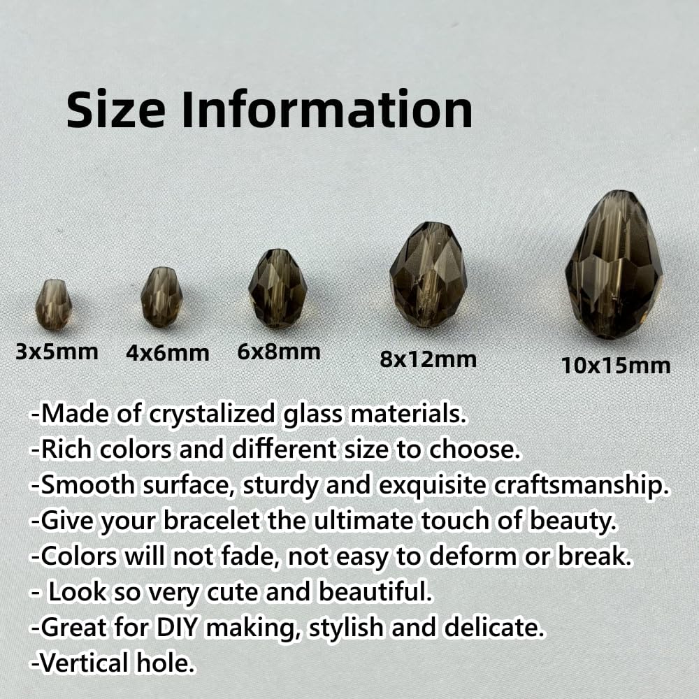200pcs 3x5mm Teardrop Crystal Glass Beads for Jewelry Making, Faceted Vertical Hole Teardrop Glass Spacer Beads for Wind Chimes Bracelet Earring Necklace DIY Craft(Gray)
