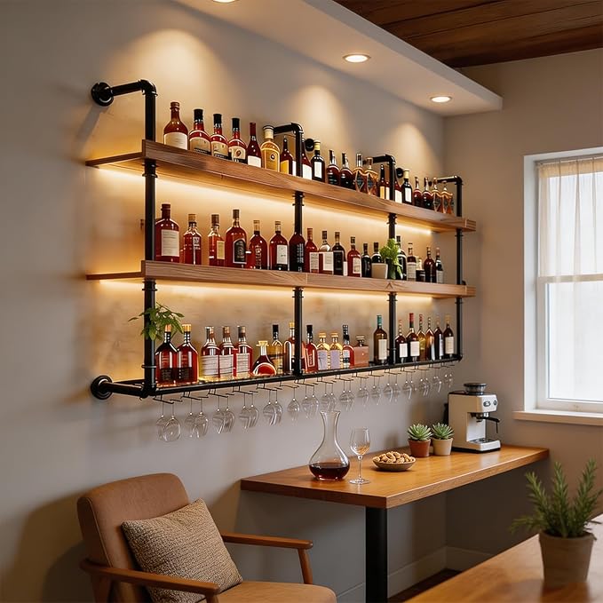 Wall Mounted Wine Rack with LED Lights, 4-Tier Industrial Wood Floating Shelves - Image 4
