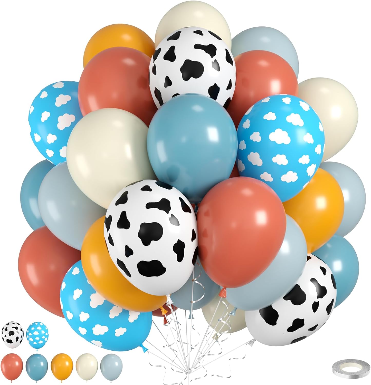 Cow Print Balloons, 60pcs Farm Cow Balloons, Retro Dusty Blue Yellow White Balloon, Blue Cloud Print Balloon For Kids Birthday Baby Shower Cowboy Farm Theme Party Wedding Anniversary Bachelorette