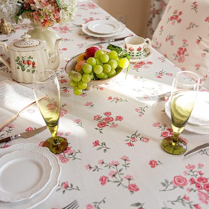 VClife White and Pink Print Table Cloth, Linen Texture Tablecloth - Image 9