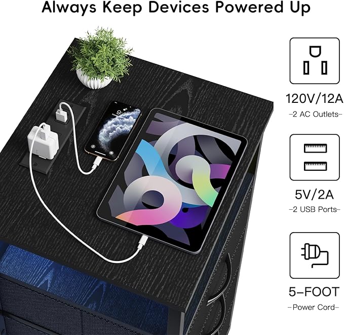 Fixwal Night Stand with 3 Fabric Storage Drawers, LED Nightstand with Charging - Image 5