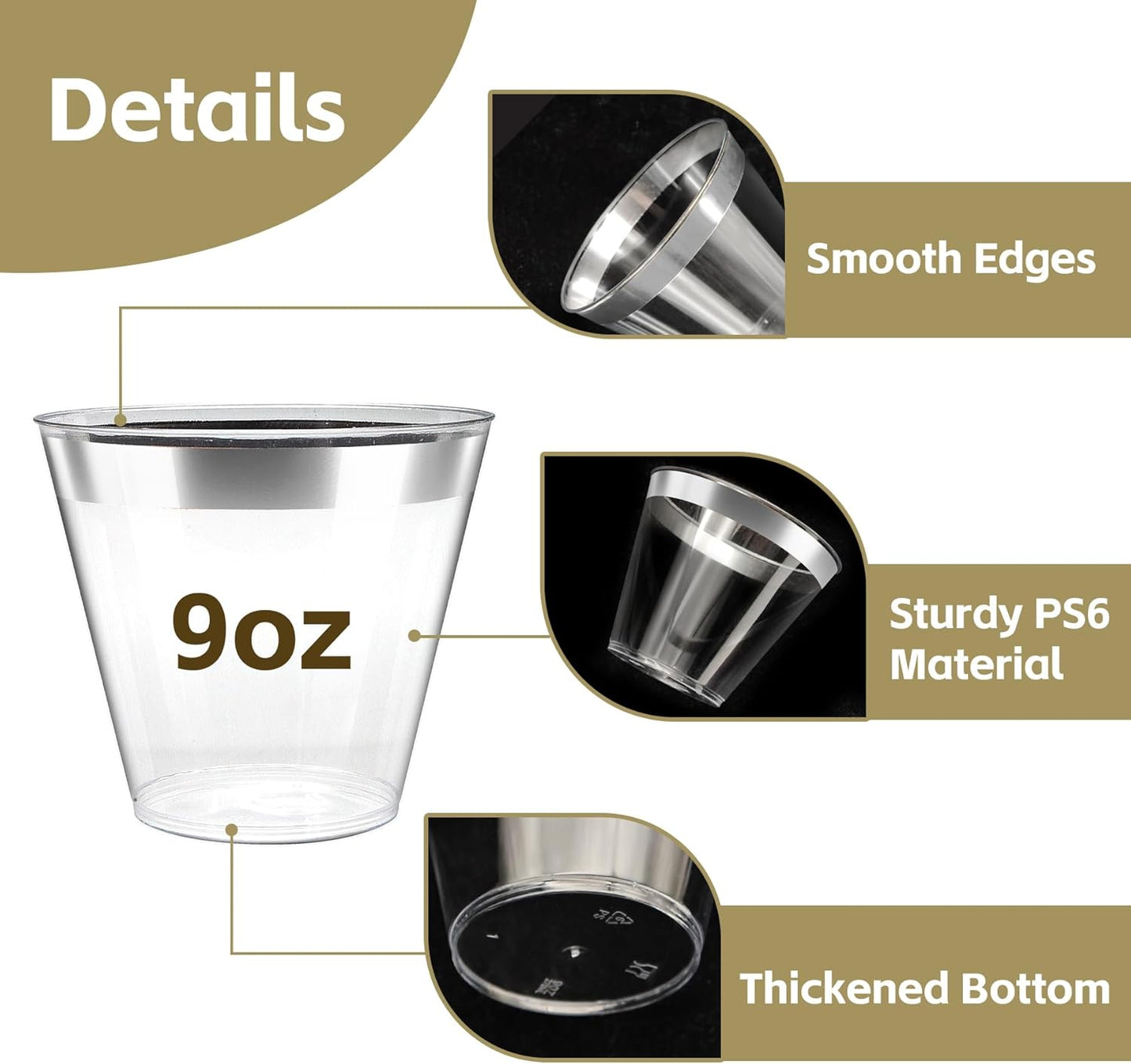 [200 Pack] 9oz Clear Plastic Cups with Silver Rimmed Sturdy & Food Safe Disposable Wine Glasses Party Wedding Disposable Drinking Cups Plastic Cocktail Glasses for Wine, Juice & Cold Beverages