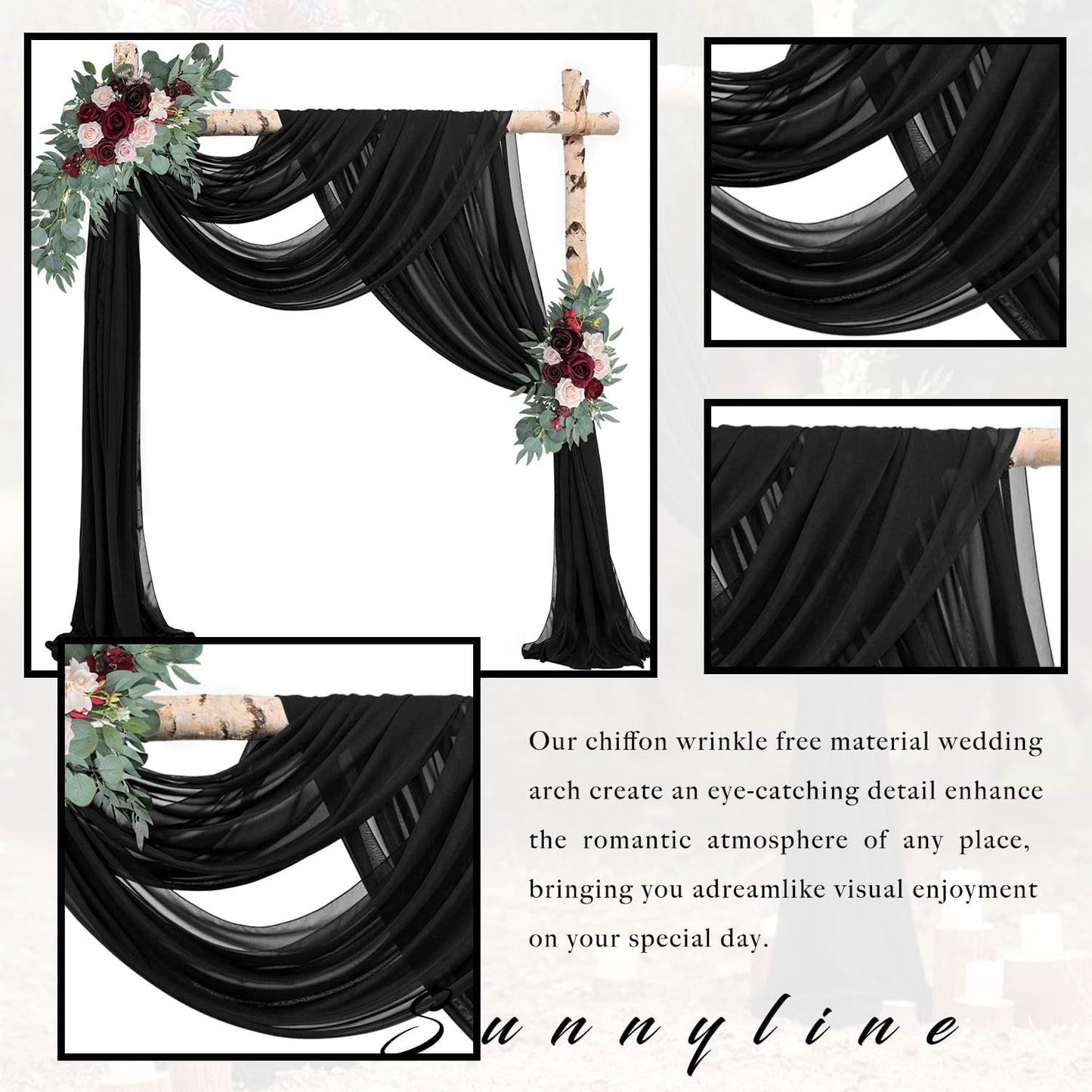 20Ft Length x 28" Width 2 Panels Wedding Arch Draping Fabric Black Arch Drapes Chiffon Fabric Sheer Curtains Backdrop for Party Decor Wedding Bridal Ceremony Ceiling Stage Reception Decorations