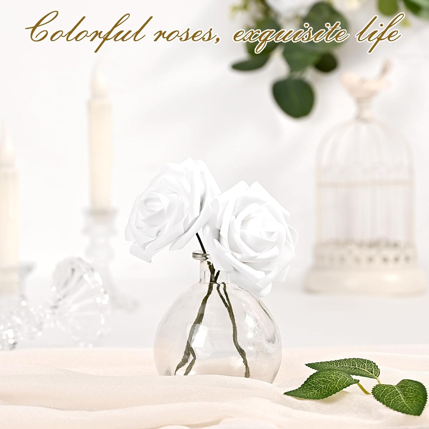 BLEUM CADE 36Pcs Artificial Flowers Fake Roses with Stems, White Boxed Foam Roses for DIY Bouquets Centerpieces Wedding Party Arrangement Bridal Shower Decor