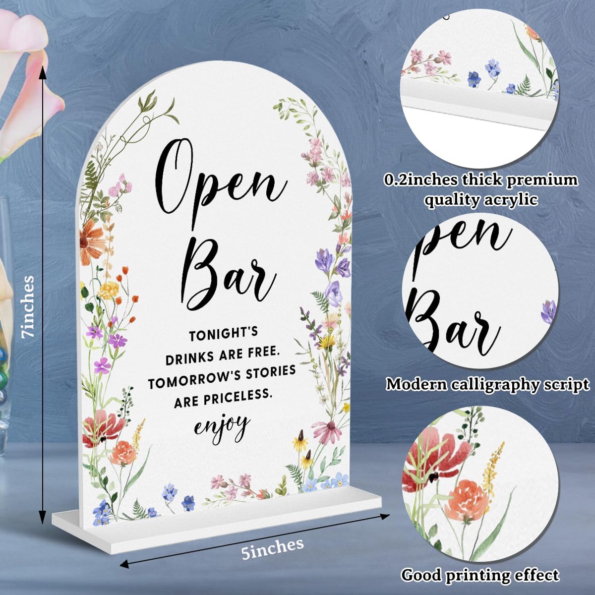 Acrylic Wedding Signs, Open Bar Signs for Marriage Reception, Bridal Shower Decorations, Modern Arched Round Top Acrylic Table Top Sign with Holder for Wedding Party Dinner (White Wildflowers)