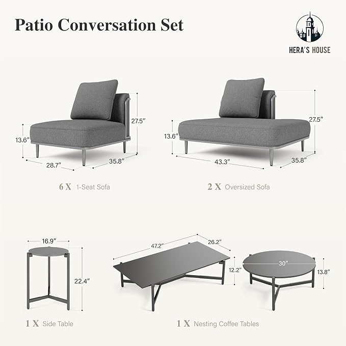 HERA'S HOUSE Metal Patio Furniture Set, Modular 10 Seats, 1 Nesting Coffee - Image 9