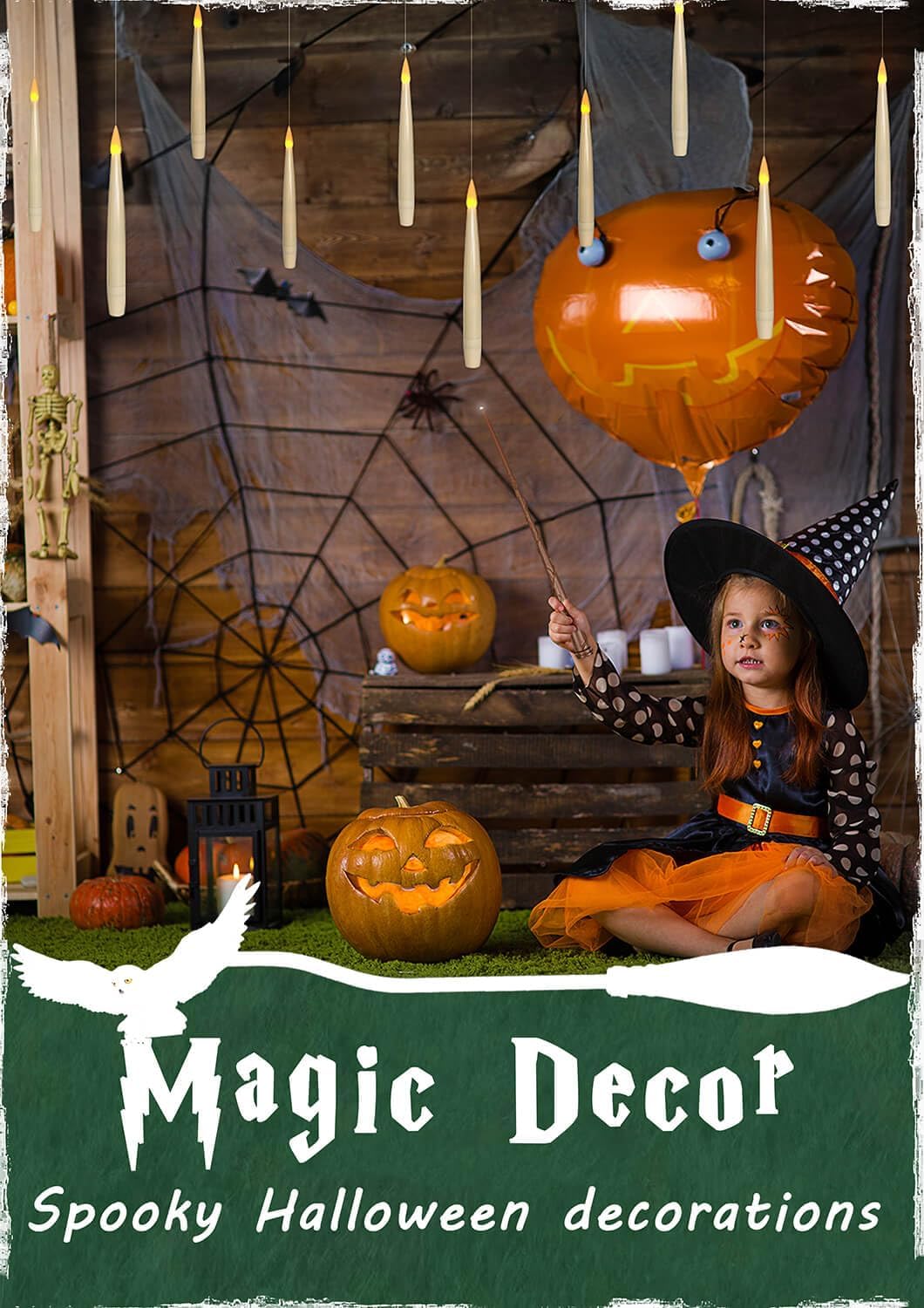 Leejec Floating Candles with Magic Wand Remote(6/18H Timer), 12pcs 6.1" Hanging Flameless Taper Candles, Battery Operated Flickering Warm Light, Halloween Christmas Gift, Wedding Party Decor (Ivory)