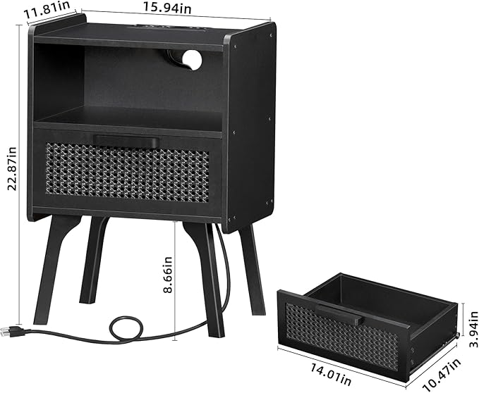 Lerliuo Rattan Nightstand with Charging Station, Side Table with Drawer Open - Image 3