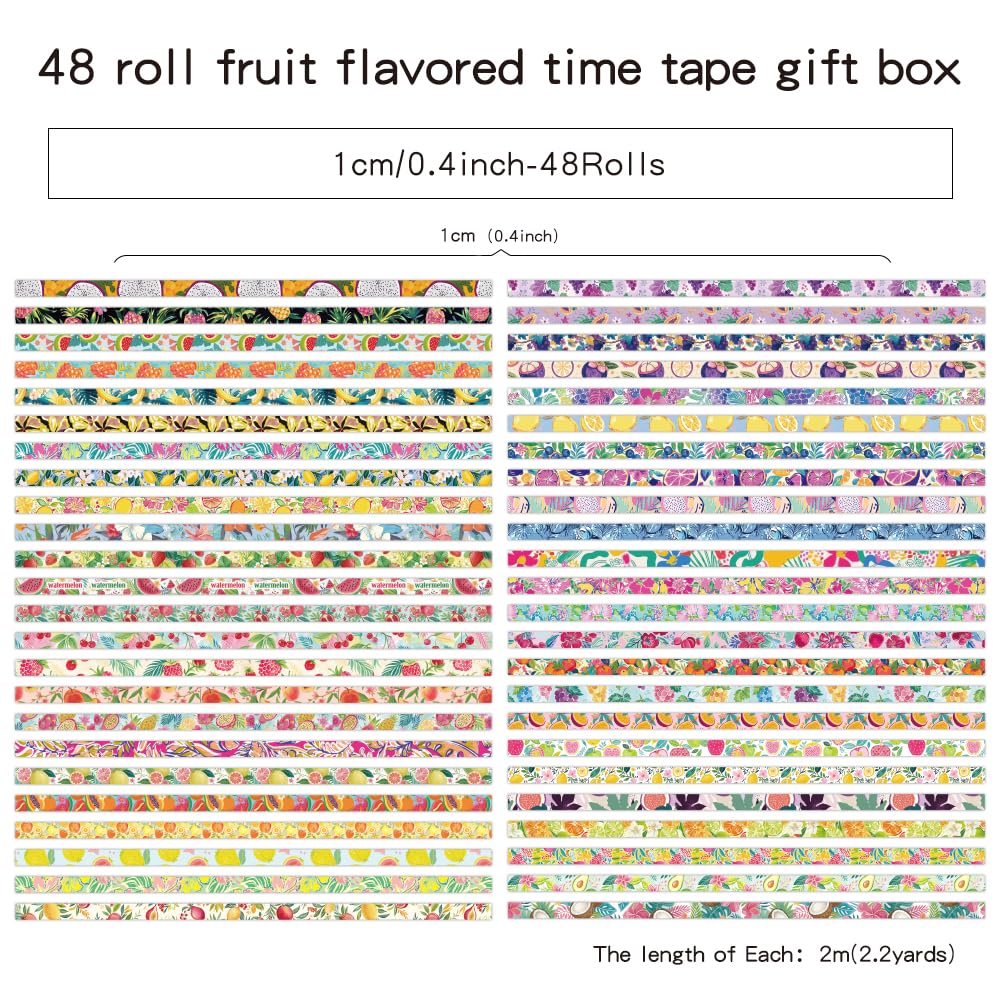 48 Rolls Fruit Theme Washi Tape Set, Writable Decorative Tapes for Scrapbooking, Bible Journaling, Bullet Journaling, 0.39"x79" per Roll