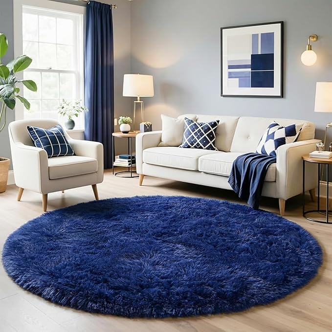 Navy Blue Round Rug 7Ft for Living Room Bedroom, Large Fluffy Fuzzy Circle Area - Image 5