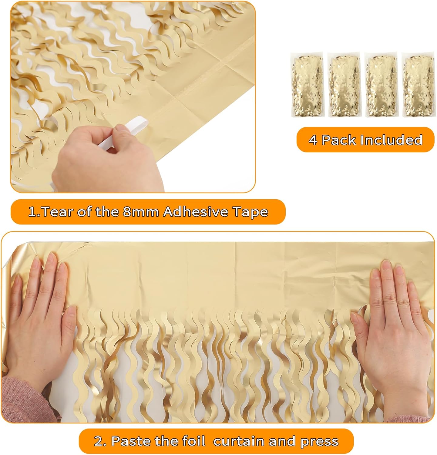 4 Pack Wavy Champagne Gold Metallic Tinsel Foil Fringe Curtains Backdrop - 3.3X6.6ft Foil Fringe Backdrop for Parties | Door Streamers for Birthday | Photo Booth Backdrops Party Decor