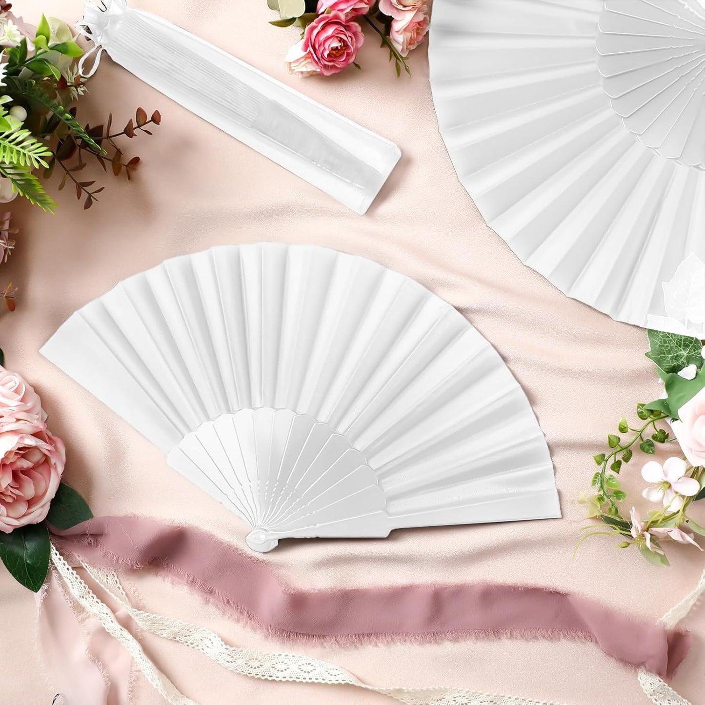 Wenqik 120 Pcs Wedding Folding Hand Fans Bulk Silk Fabric Chinese Handheld Foldable Clack Fans with Plastic Ribs for Party, Wedding Gifts, Line Dancing, Home Decorative (White)