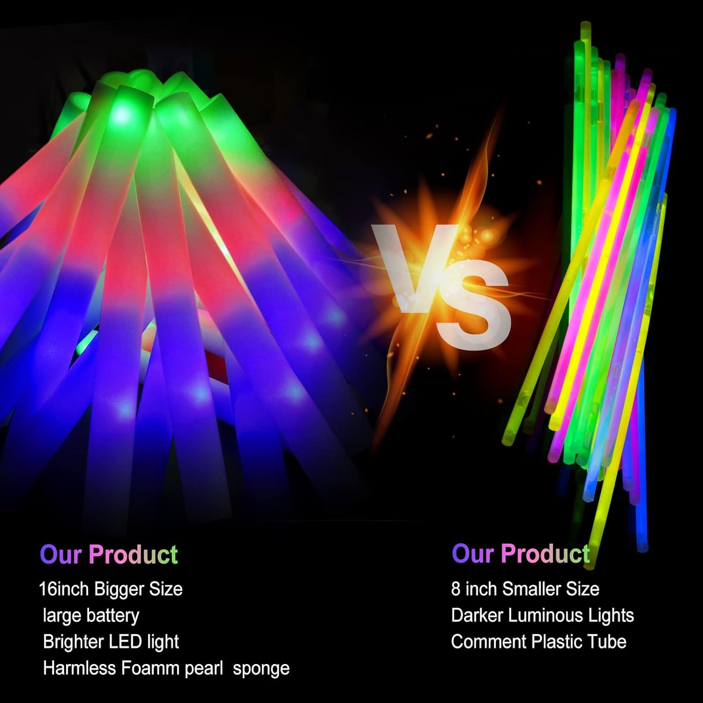 LifBetter 45 Pcs Glow Sticks Bulk- LED Foam Sticks in The Dark with 3 Modes Flashing Led Foam Multicolor Batons Light up Party Favors for Birthdays, Weddings, Concerts, Festivals