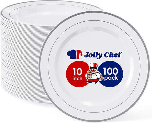 JOLLY CHEF 100 Pieces Silver Plastic Plates, 10 Inch Elegant Disposable White with Silver Rim, Plastic Plates for Dinner, Birthdays and Weddings
