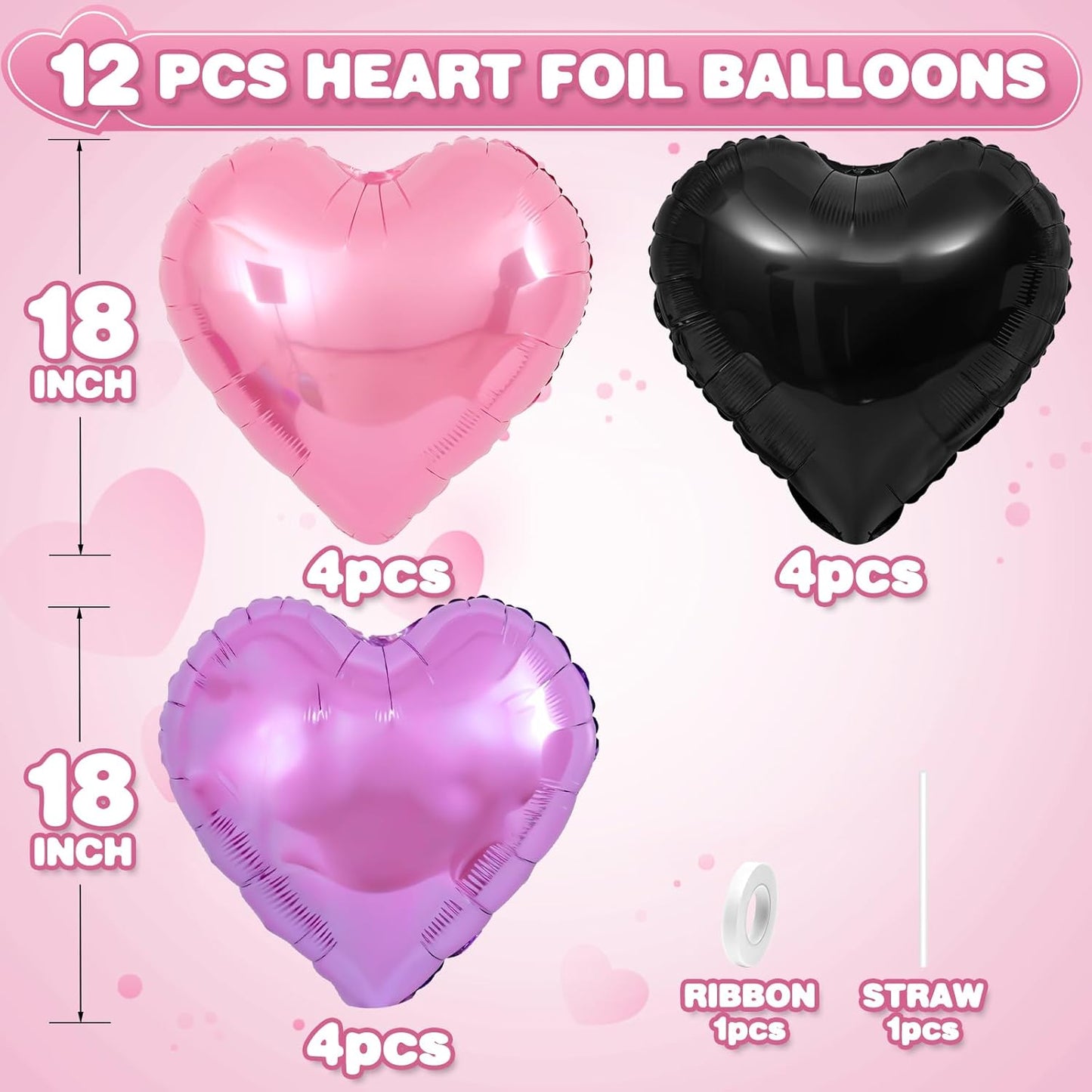 Pink Purple Heart Balloons,12Pcs Black Pink Heart Shaped Foil Balloons,18Inch Purple Pink Helium Polyester Film Balloon for Baby Shower Birthday Anniversary Wedding Party Decorations