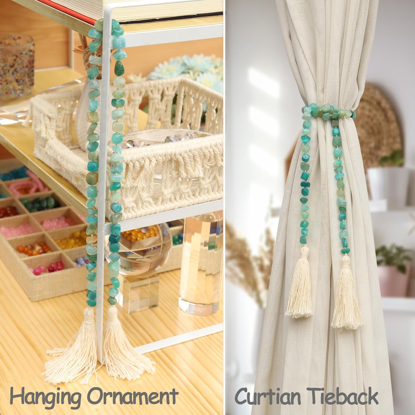 Agate Stone Hand Knotted Garland Modern Farmhouse Rustic Table Home Decor, 30inch Meditation Accessories with Tassel, Prayer Healing Beads Boho Wall Shelf Hanging Decoration (Lime Green)