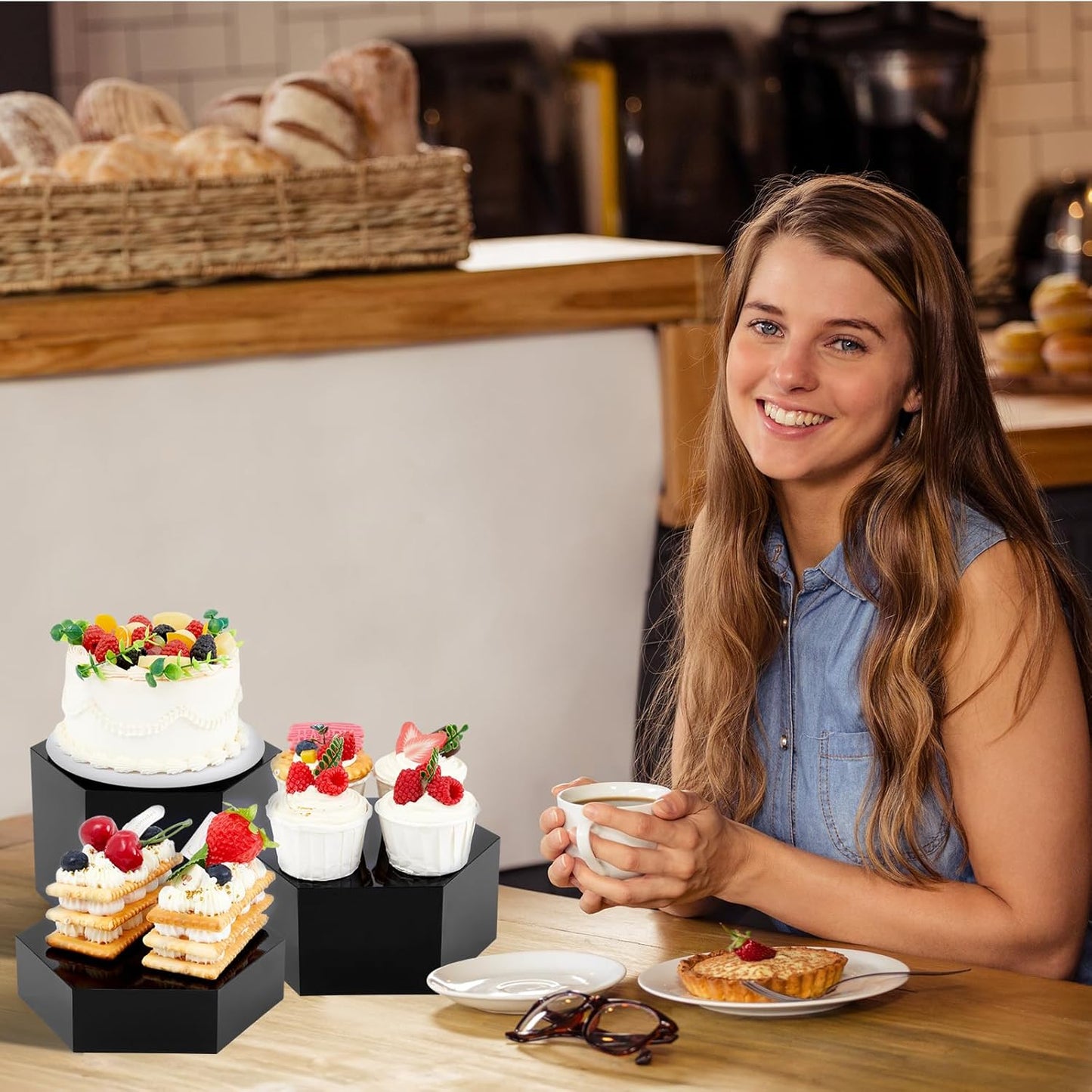 Leinuosen 7 Pcs Large Buffet Risers Set 6" to 12" Acrylic Display Box Catering Dessert Table Riser Food Display Decorative Stand with Hollow Bottom for Catering Supplies (Black, Hexagonal)