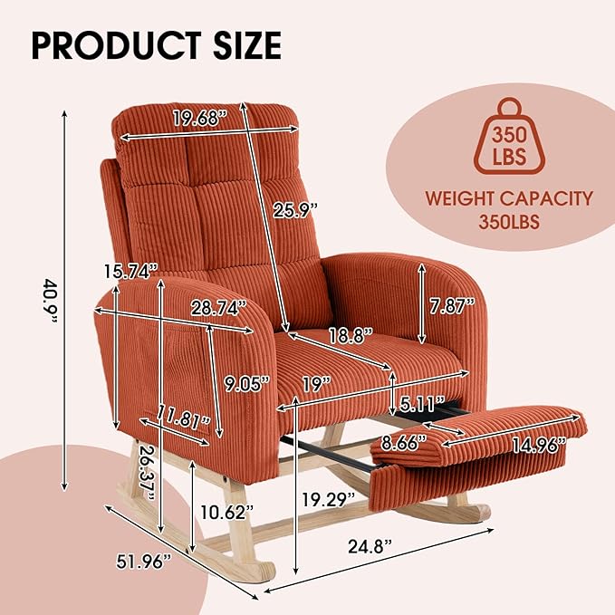 NIOIIKIT Nursery Rocking Chair, Corduroy Upholstered Rocking Chair - Image 2