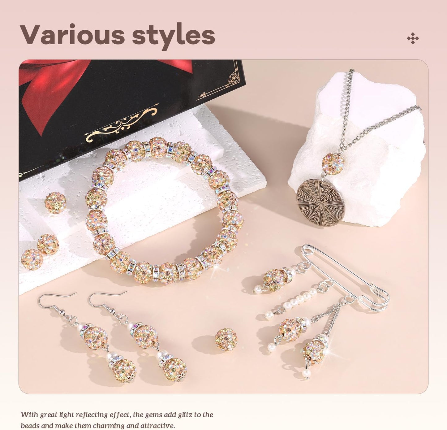 200pcs 10mm Rhinestone Beads for Jewelry Making, Light Peach AB Shiny Round Disco Beads Bulk, Sparkle Crystal Clay Christmas for Bracelet Baseball Necklace Earring Crafting and DIY