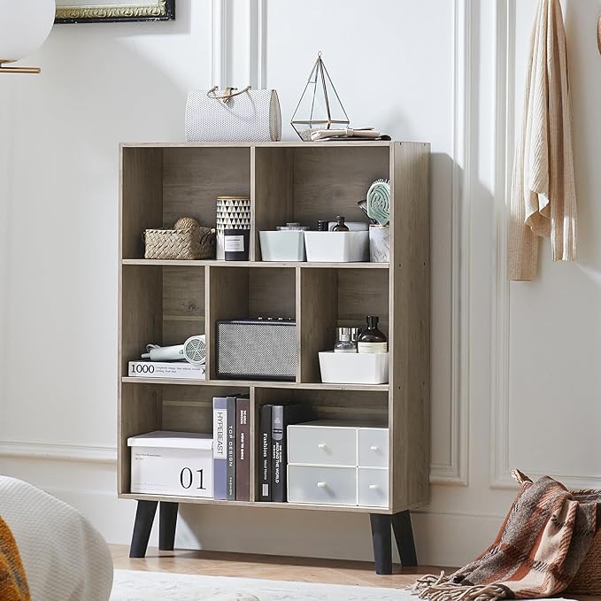 LEYAOYAO Cube Bookshelf 3 Tier Mid-Century Retro Grey Modern Bookcase - Image 7