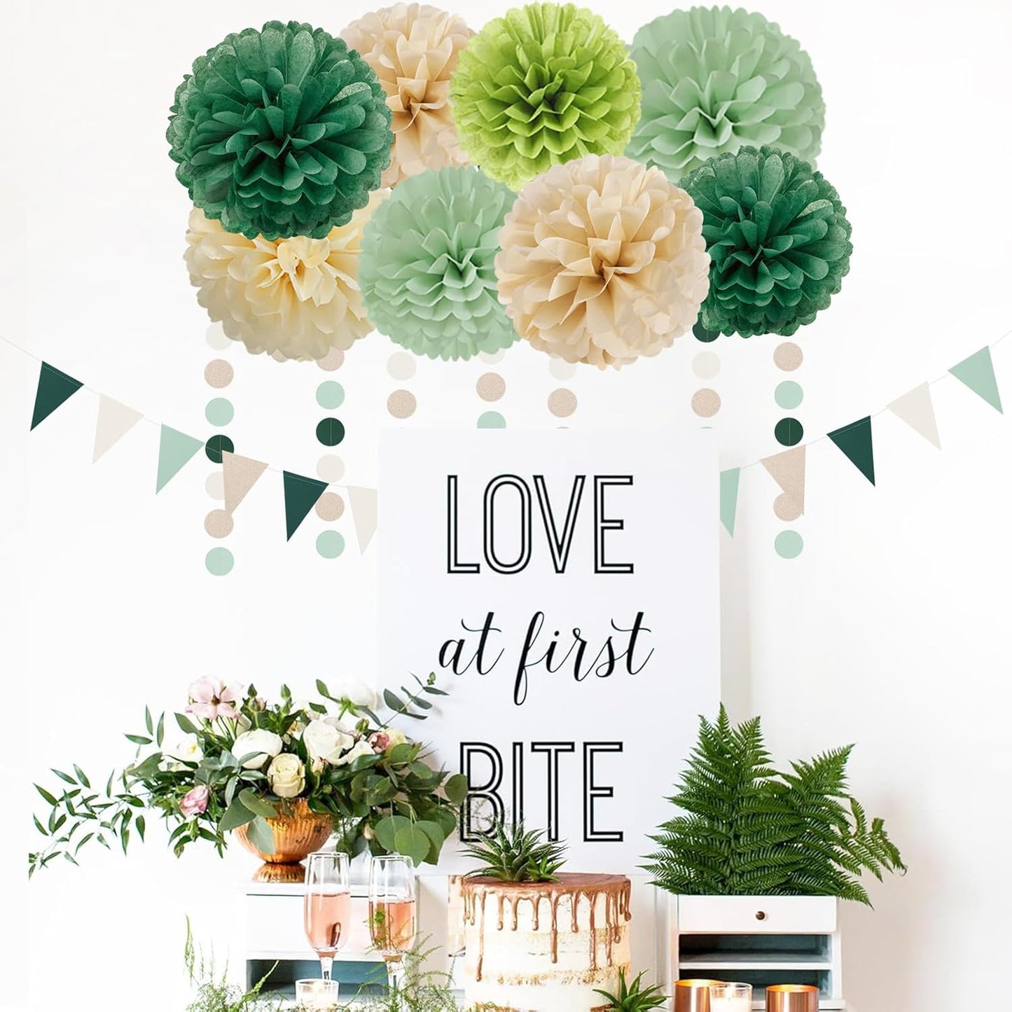 Sage-Olive Green Champagne-Gold Party Decorations - 30pcs Rustic Boho Wedding Paper Tissue Pom Poms Streamers,Tassel Garland Banner,Birthday Baby Bridal Shower Engagement Decor Lasting Surprise