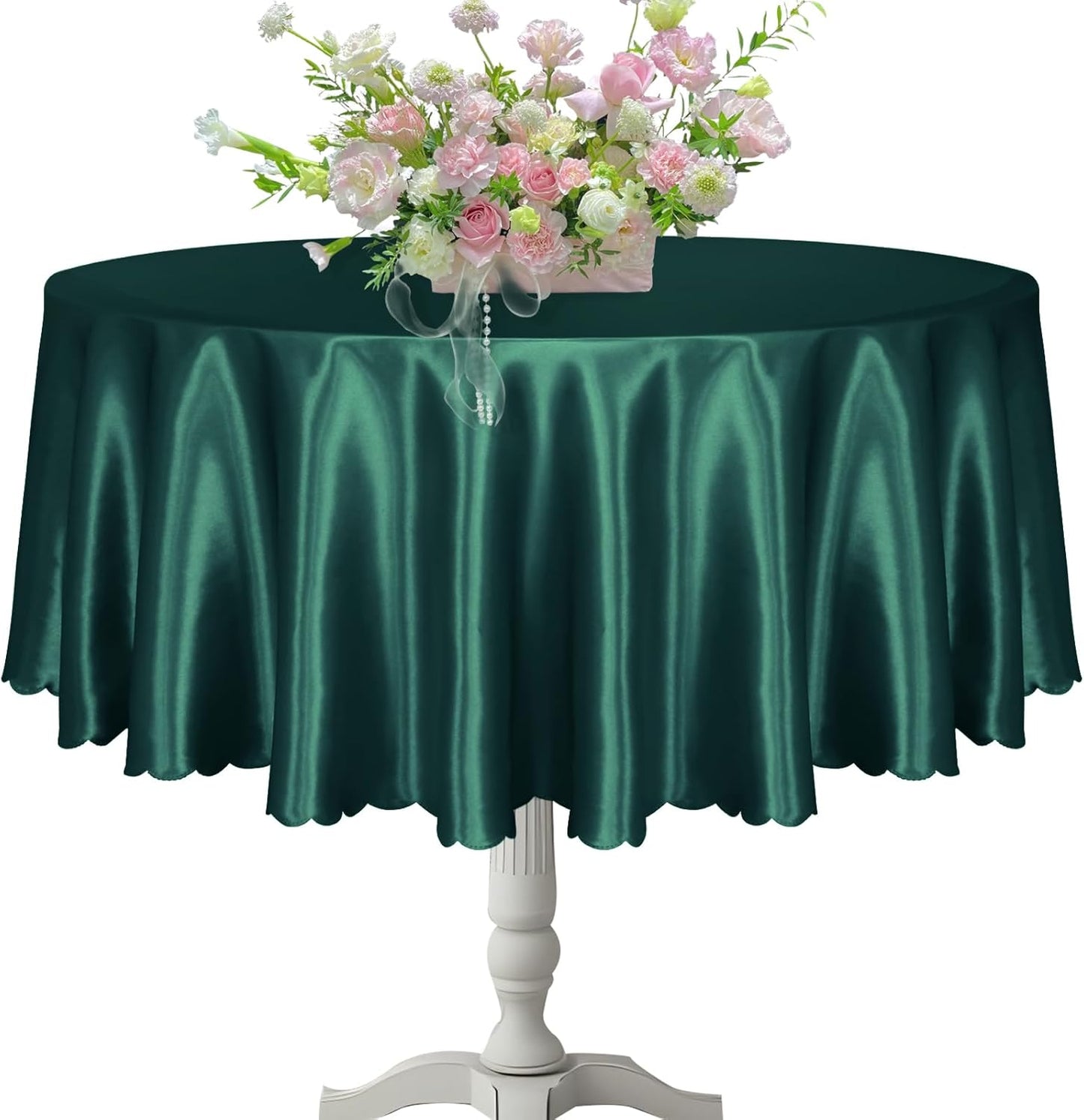 KKJIAF 1 Pack Round Table Cloths 90 Inch, Hunter Green Overlay Round Satin Table Cover, Silky Satin Dining Tablecloths for Wedding Buffet Parties Banquet Decoration