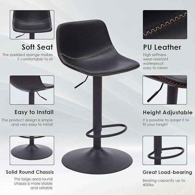 Adjustable Bar Stools Set of 2, Mid Century Modern Swivel Bar Stools, - Image 6