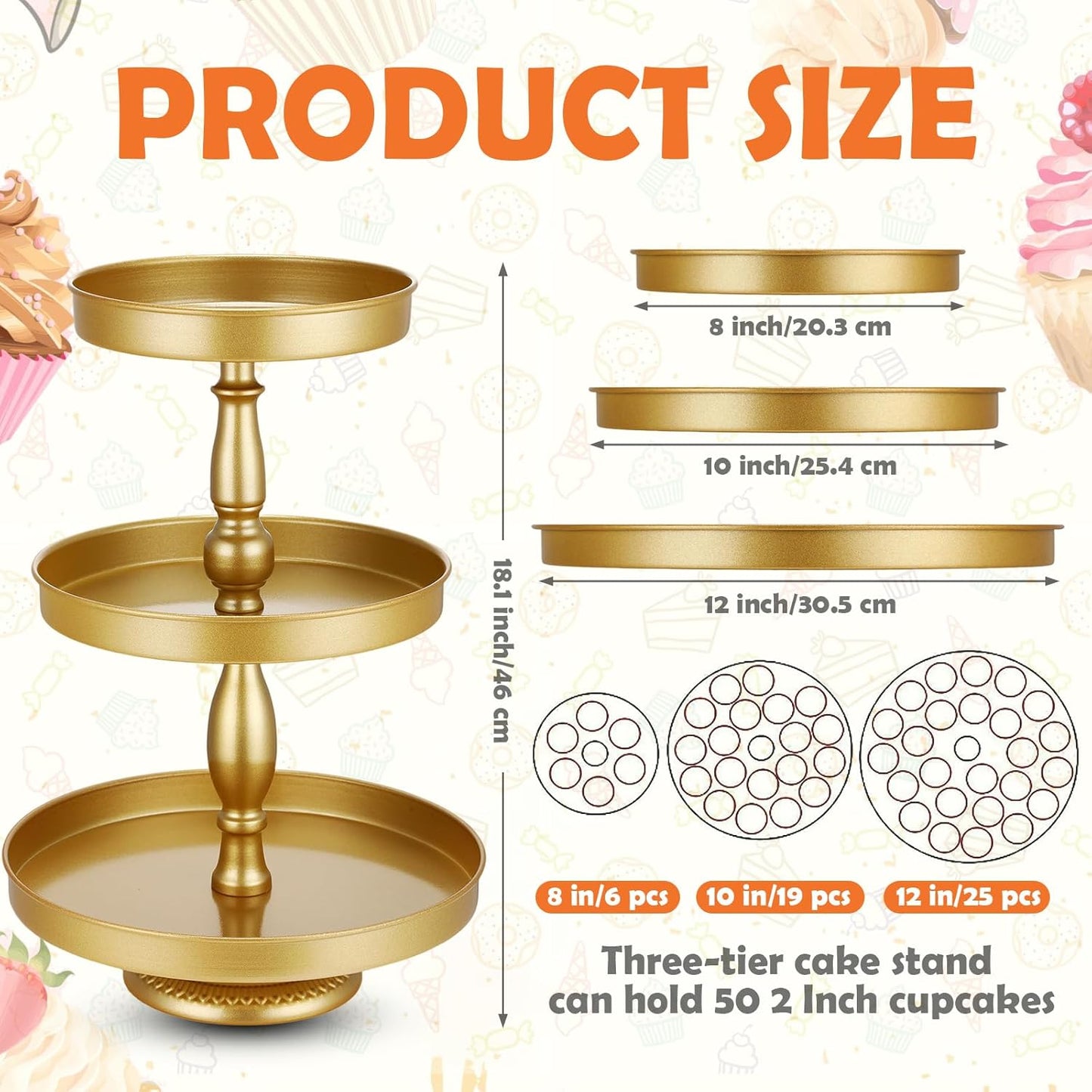 Maxdot 2 Pcs 3 Tier Cupcake Stand Holder, Round Cupcake Stand Serving Tray, Metal Tiered Tray Pastry Dessert Cake Tower Display Stand for Baby Shower Tea Party, Wedding and Birthday (Gold)