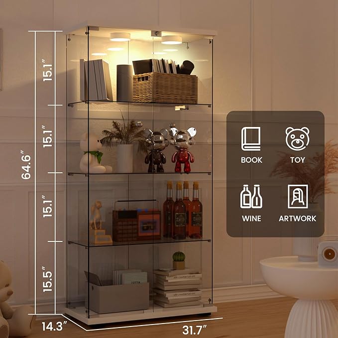 Display Cabinet with Light, Glass Door and Lock, 4-Shelf Fast Installation in - Image 2