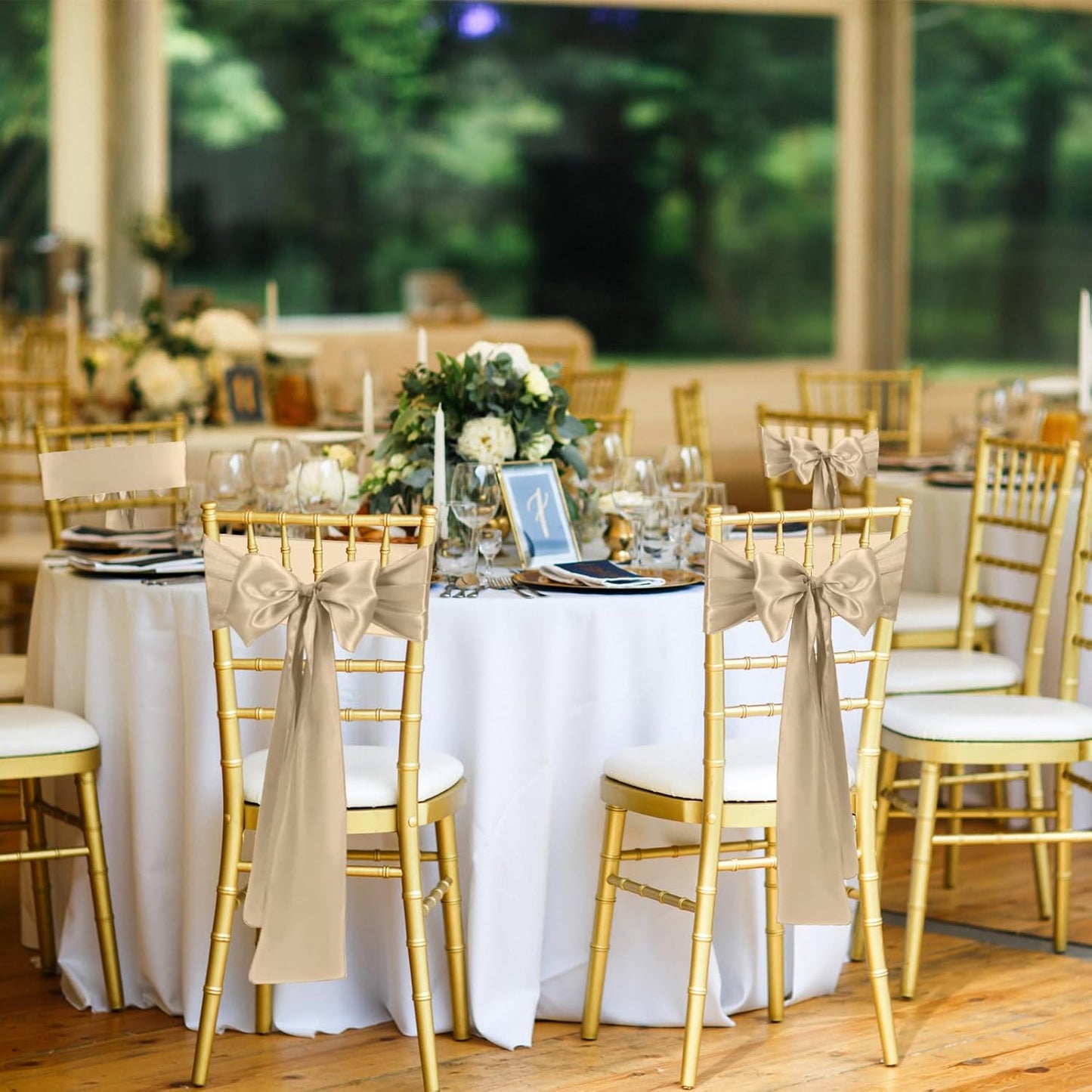 10 PCS Satin Chair Sashes Bows Universal Chair Ribbon Ties Back Sash for Wedding Party Reception Events Banquets Hotel Event Chair Cover Decoration (Champagne 7x108 inch)