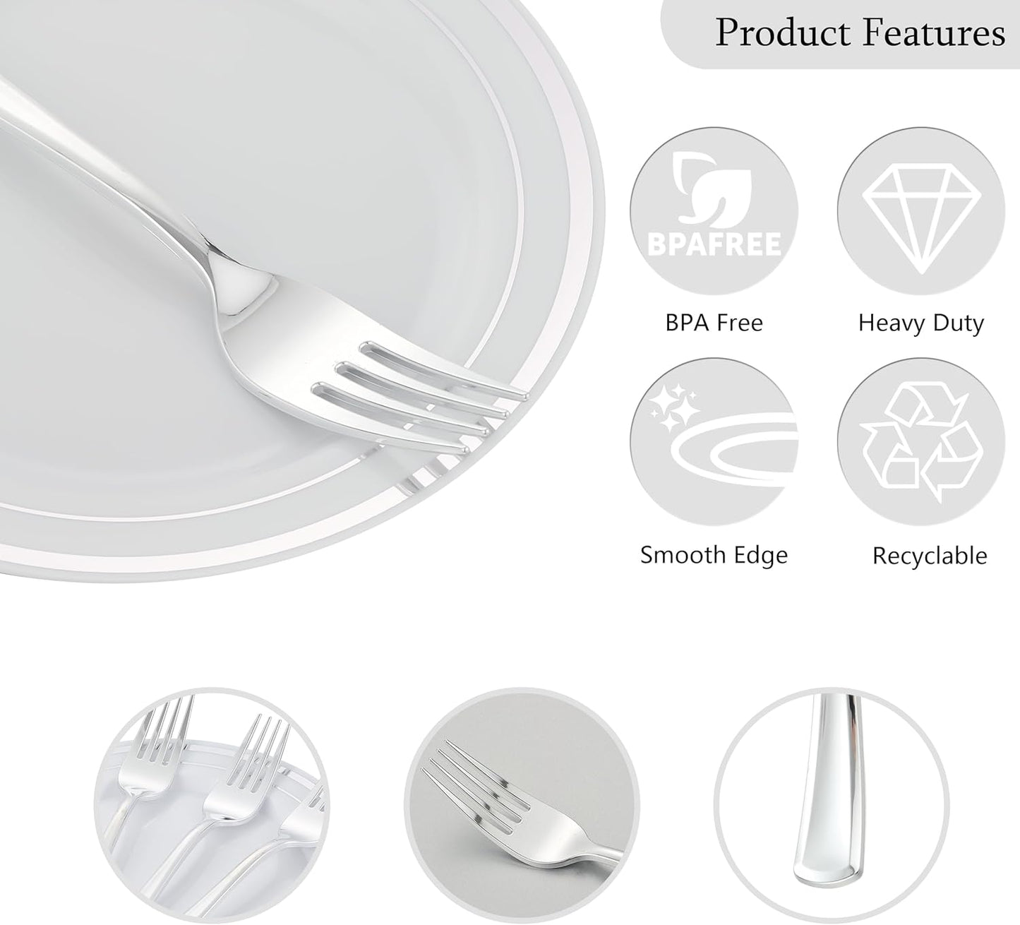 120pcs Silver Dessert Plates with Forks for 60 Guests-60pcs 7.5" Disposable Silver and White Small Plates with 60pcs 7.4" Forks-Cake/Appetizer/Salad Plate for Wedding,Birthday,Party