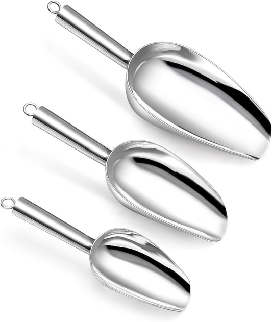P&P CHEF Canister Scoop Set of 3, Ice Candy Scoop, Stainless Steel Multipurpose Food Scooper for Buffet Jar Freezer, Mirror Finish & Dishwasher Safe, Silver, 3+6+8 Oz