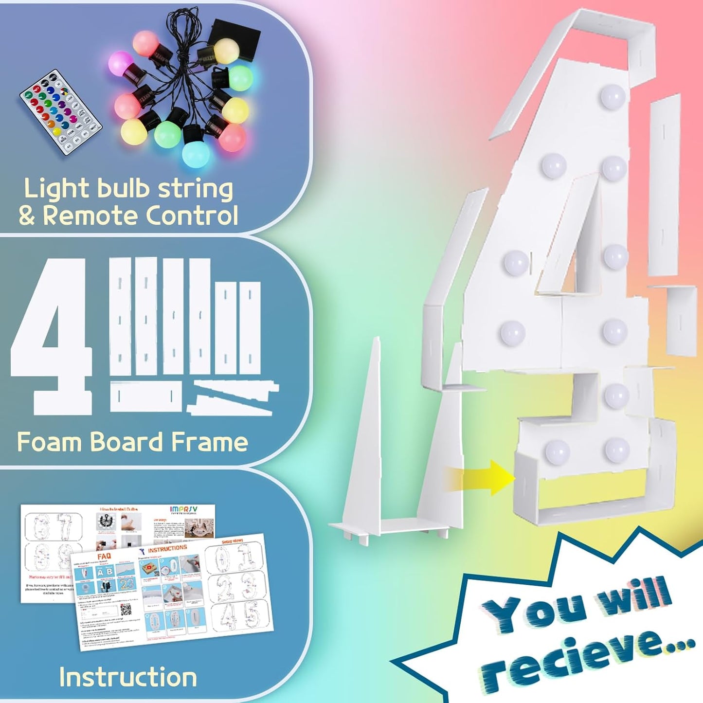 imprsv 4FT Colorful Marquee Numbers,18 Colors Number 4 with Remote, Light Up Numbers Sign for 4th 40th Birthday Decorations Anniversary Party Decor, Pre-Cut Foam Board Kit, Mosaic Numbers for Balloon