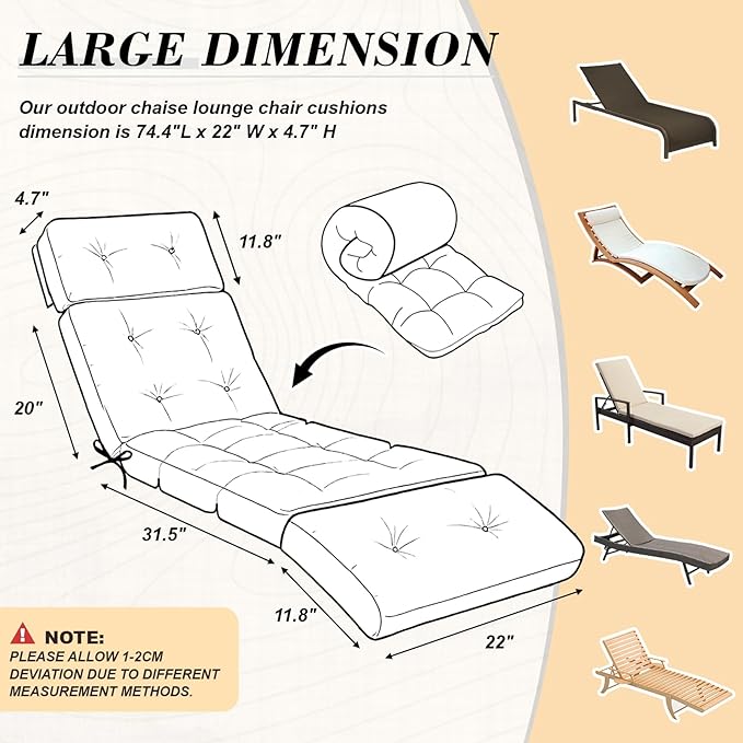 Outdoor Chaise Lounge Chair Cushion 74.2 x 22 x 4.7 Inches Thickened 100% - Image 2
