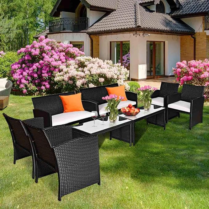 Tangkula Patio Wicker Conversation Furniture Set, Patiojoy Sofa & Table Set w/4 - Image 3