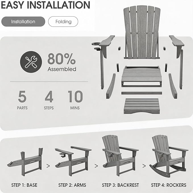 Adirondack Rocking Chair with Retractable Ottoman, Outdoor Folding Adirondack - Image 7