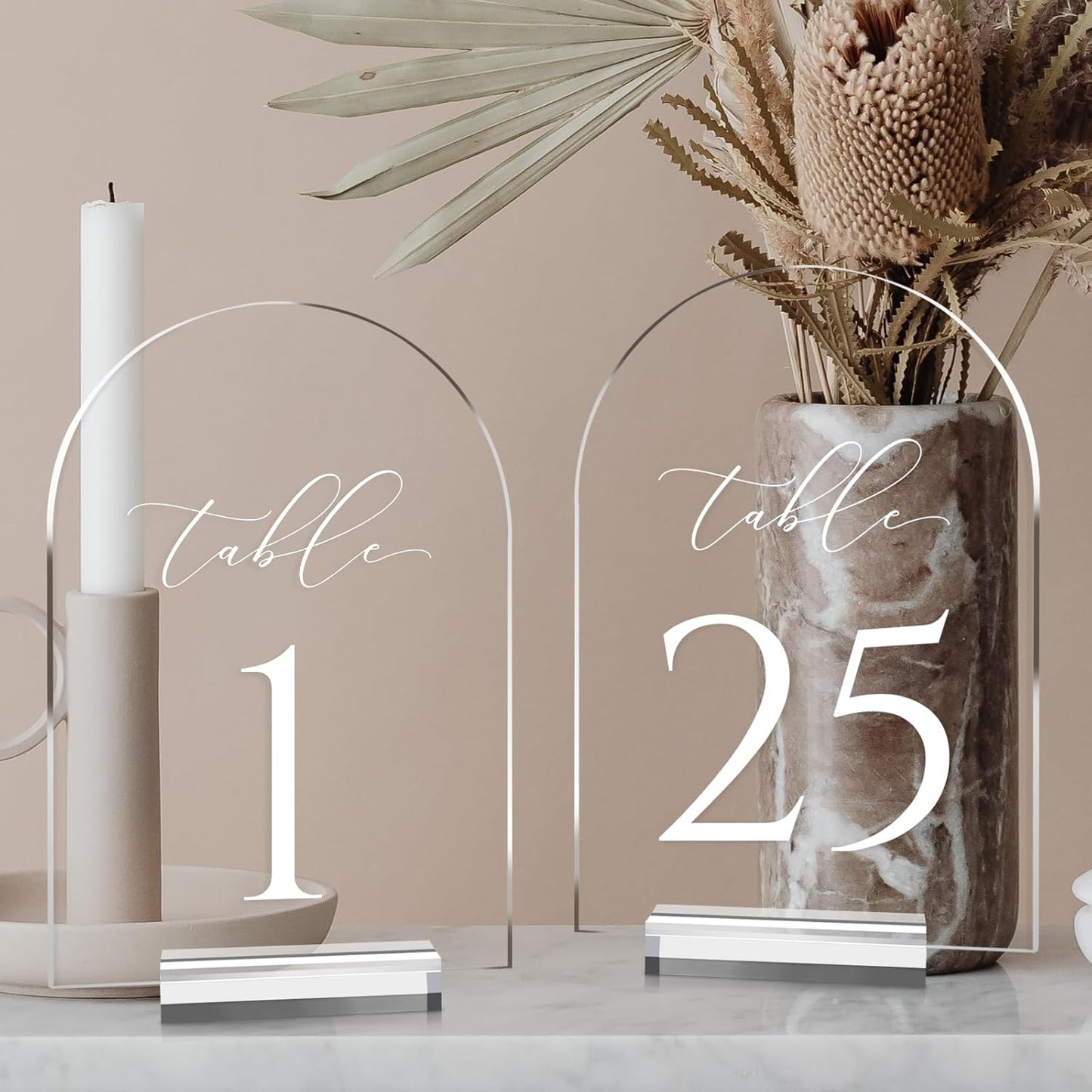 JINMURY Clear Arch Table Numbers for Wedding, 5x7 Inch Arched Acrylic Table Numbers 1-25 with Stands, Clear Acrylic Arch Sign with Holder for Centerpiece, Reception, Wedding, Party, Event