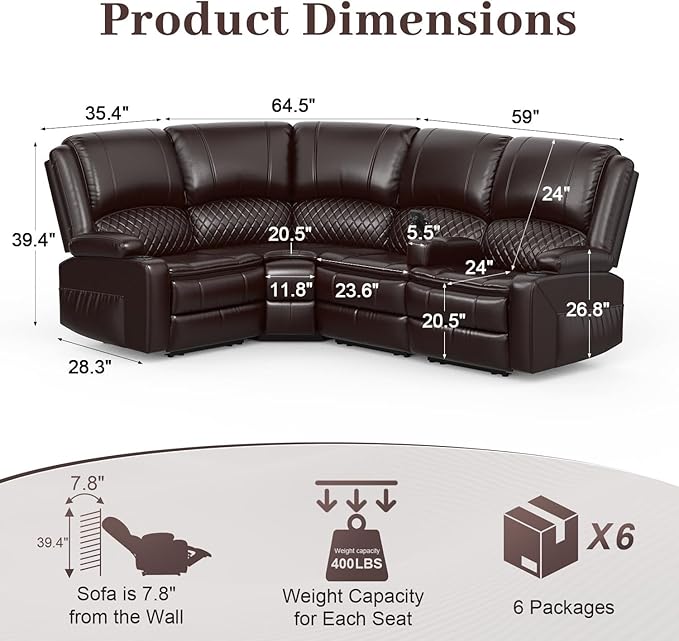 Yolsali Manual Reclining Sectional Sofa Set, 4 Seats Soft Leather Recliner - Image 2