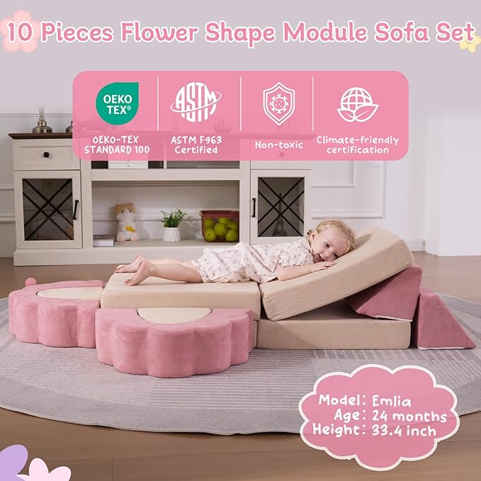 10-Piece Mini Kids Play Couch, Modular Flower Foam Sofa - Image 4
