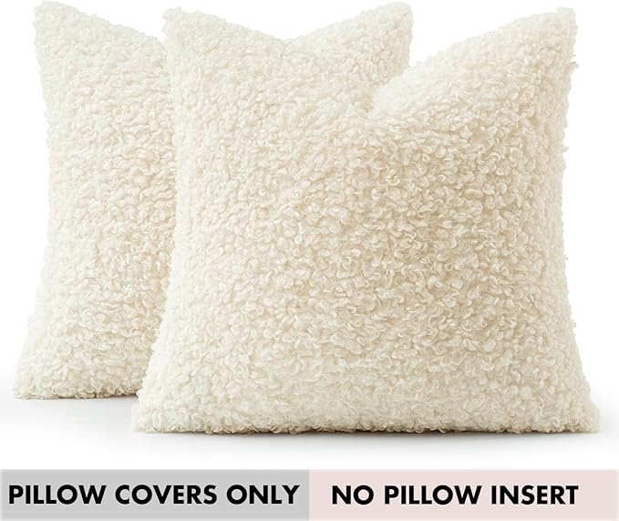 Faux Fur Throw Pillow Covers 18x18 Inch Set of 2 Boucle Neutral Decorative - Image 9
