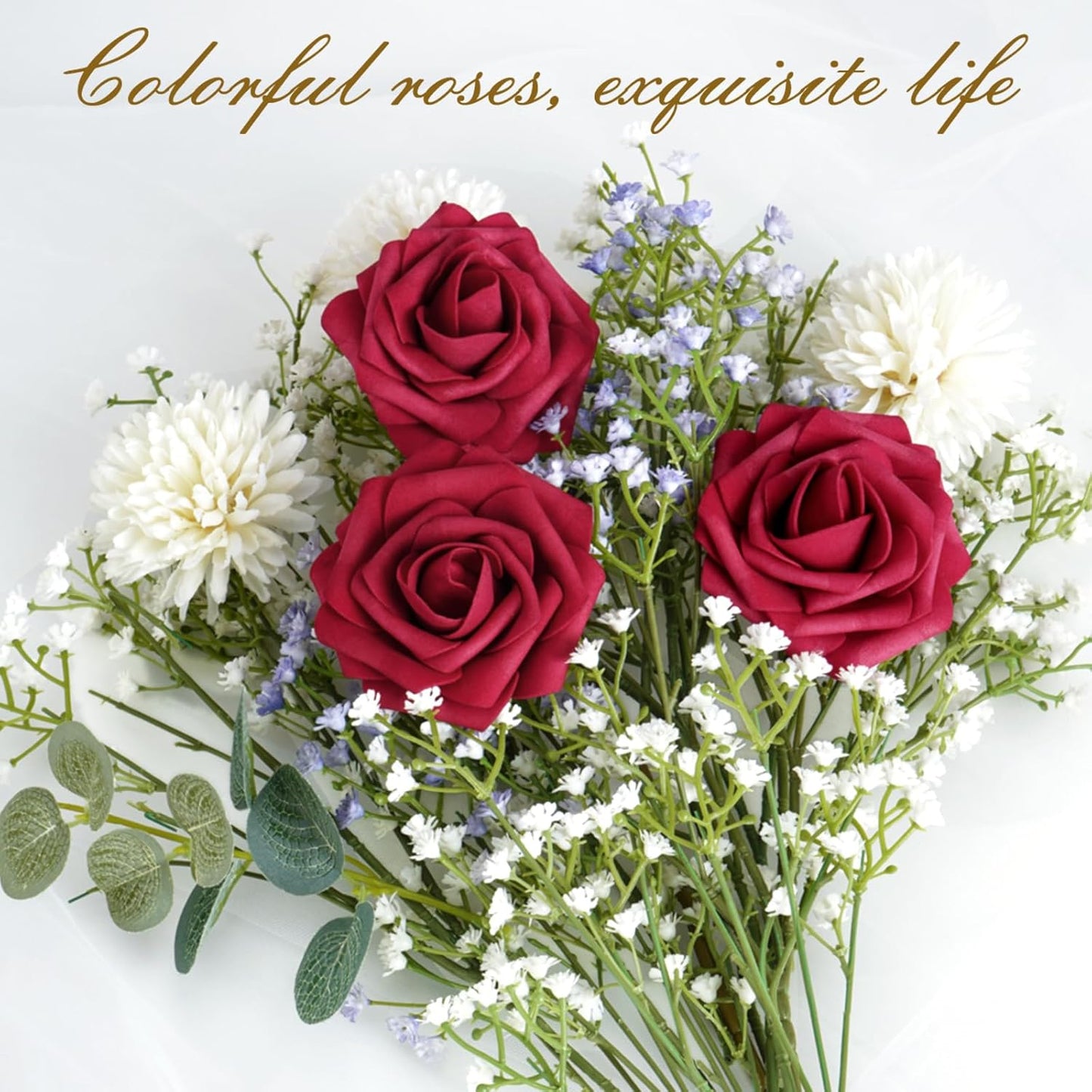 BLEUM CADE 16Pcs Artificial Flowers Fake Roses with Stems, Burgundy Boxed Foam Roses for DIY Bouquets Centerpieces Wedding Party Arrangement Bridal Shower Decor