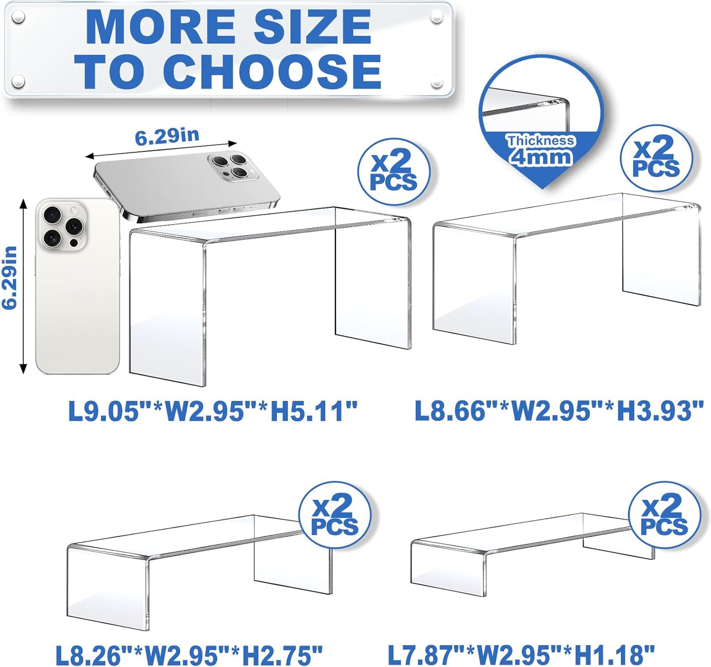 Aheroi Large Acrylic Risers, 8 Pcs 2 Set(7”L~8”L~9”L) Acrylic Display Set Rectangular Stands Shelf Clear Display Risers for Decor, Cake Shelves Retail Shoe Showcase